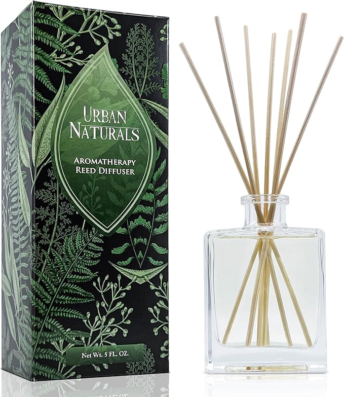 Urban Naturals Oud Reed Diffuser Set – Bergamot, Raspberry, Oud, Musk, Warm Amber – Made with Essential Oils – Sleek Rectangular Refillable Glass Bottle – Made in The USA