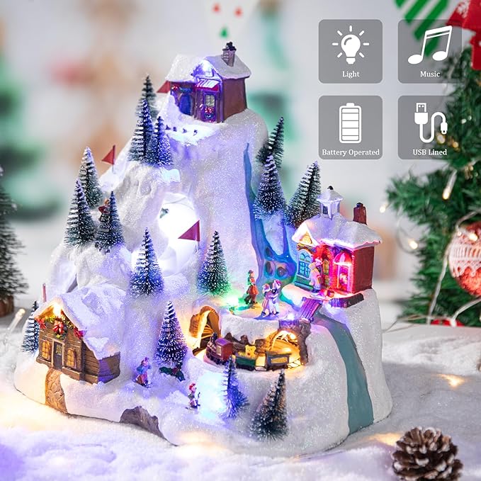 VCUTEKA Christmas Village Collectible Building, Snowy Mountain with Ski Slopes and Revolving Train Lighted Musical Village Addition to Your Christmas Indoor Decor