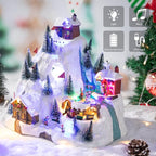 VCUTEKA Christmas Village Collectible Building, Snowy Mountain with Ski Slopes and Revolving Train Lighted Musical Village Addition to Your Christmas Indoor Decor