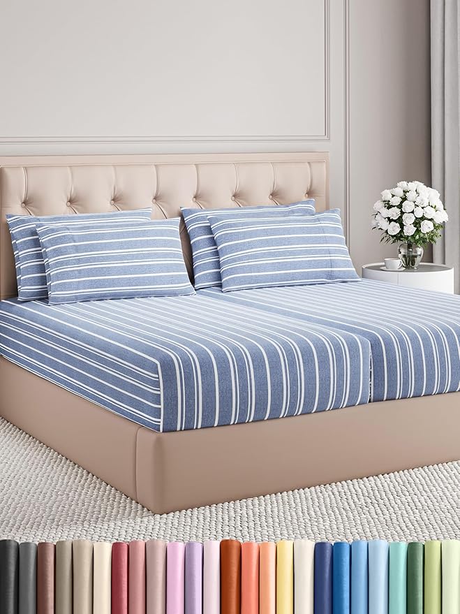 Split King Sheets Set 7 Piece - Includes 4 Pillowcases - Bed Sheets Split King - Soft Hotel Luxury Bedding - Cooling and Breathable - 1 Flat & 2 Fitted & 4 Pillowcases w/ Deep Pockets - Blue Stripes