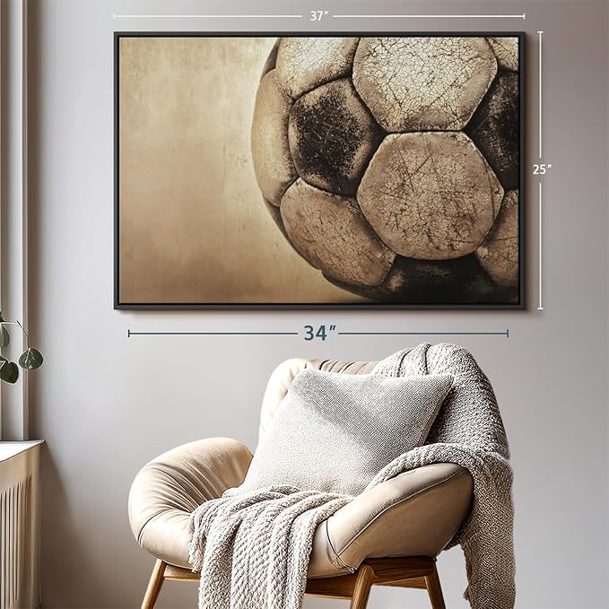 Elephant Stock Worn Soccer Ball Wall Art - Horizontal Framed Canvas - 1-Piece Living Room Wall Decor - Photography sports Canvas Print - Brown and Gray Decor for Wall - 37" X 25"