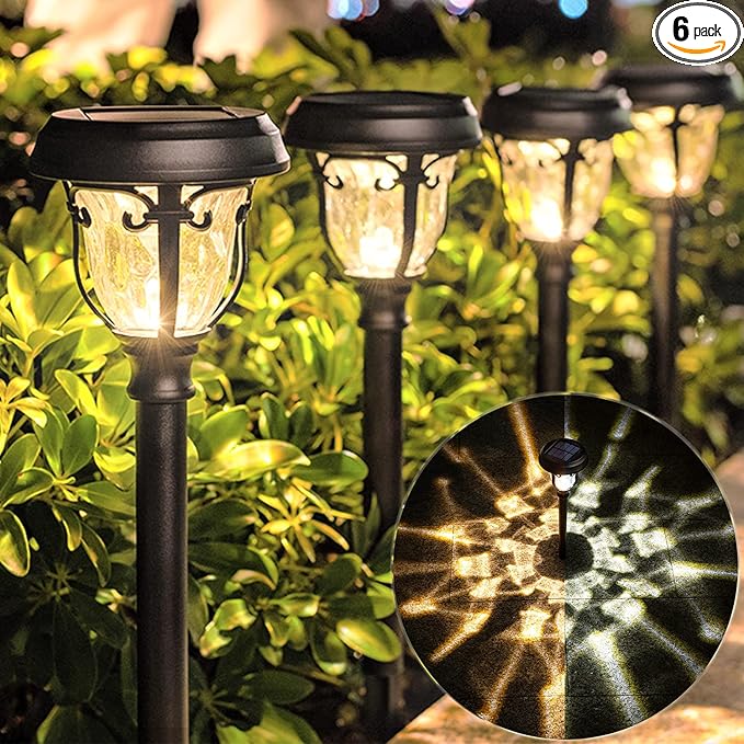 LeiDrail Solar Lights Outdoor Pathway, 6 Pack LED Glass Metal Solar Garden Lights with 2 Modes, Garden Decor for Yard Patio Landscape Walkway