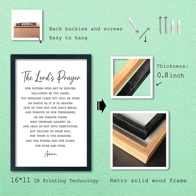 LuZhiQiang The Lords Prayer Wall Decor 16"×11" Our Father Prayer Bible Verse Sign Wood Framed Wall Hanging Art (Black)