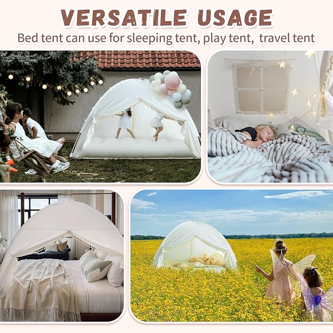 Razee Twin Bed Tent for Kids, Twin Size Bed Canopy Tent Indoor Dream Princess Tent Privacy Tent on Bed Sleep for Girls and Boys, Bohemian Tassel, White