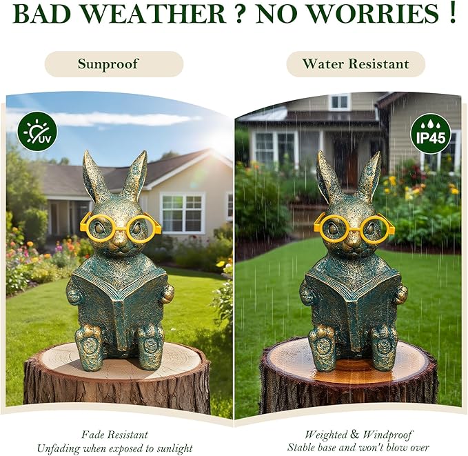 Solar Garden Decor, Adorable Rabbit Statue with Solar-Powered Glasses, Outdoor Decoration Lights for Patio, Yard & Balcony, for Kids, Mom & Grandma