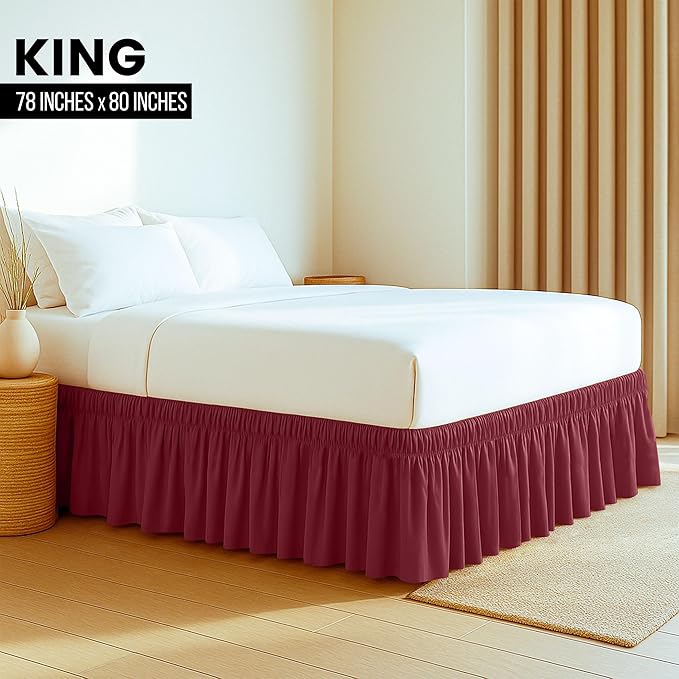 Utopia Bedding King Elastic Bed Ruffle - Easy Wrap Around Ruffle - Microfiber Bed Skirt with Adjustable Elastic Belt 16 Inch Tailored Drop - Hotel Quality Bedskirt, Fade Resistant (King, Burgundy)
