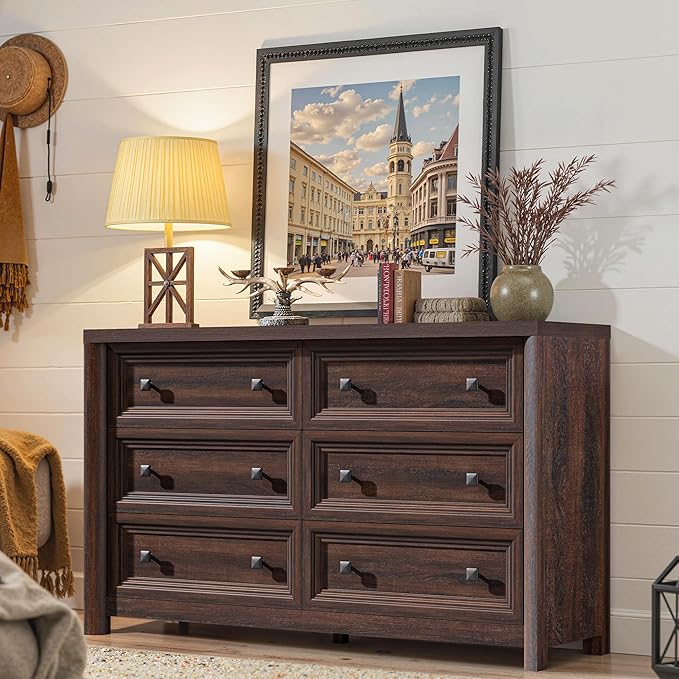 Farmhouse Walnut 6 Drawers Dresser for Bedroom, 52" Wide Chest of Drawers with Metal Knobs, Vintage Wooden Dresser TV Stand, Closet Drawer Organizer for Bedroom, Nursery