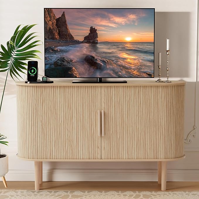 53''Sideboard Buffer Cabinet with Fluted Slide Doors, Modern Credenza Storage Cabinet, Tambour Bar Console Table for Living Dining Room Kitchen Hallway Entryway, Natural