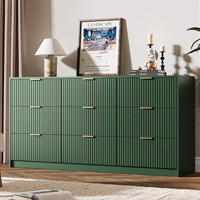 Green Dresser for Bedroom, 9 Drawer Double Dresser, Modern Chest of Drawers for Bedroom, Living Room, Entryway and Closet, 63" L x 15.7" D x 31.5" H