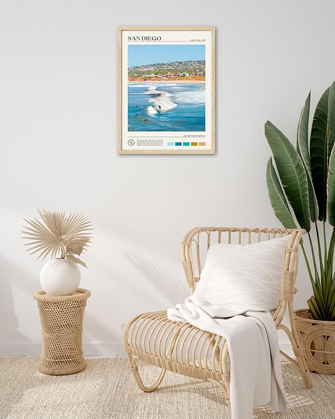 HesenDot Natural OAK Wood San Diego Surfing Framed Wall Art,12x16in Natural Seascape Canvas Wall Print,Classic Urban Landmark Wall Decor for Living Room,Bedroom,Office Gallery Gifts Set of 1
