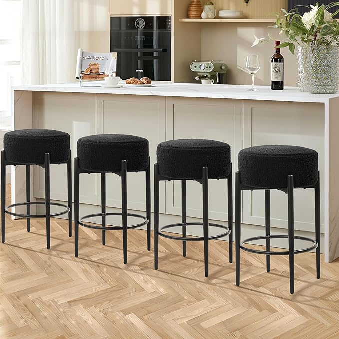 Counter Height Bar Stools, Set of 4, 24" Modern Backless Bar Stools, Ideal for Kitchen Counter, Kitchen Island, Boucle Sherpa Padded Cover, with Round Soft Seat and Foot Rest, Black