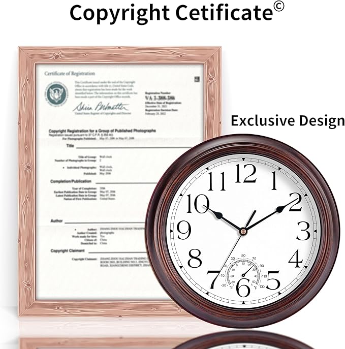 14 Inch Outdoor Wall Clock with Thermometers, Vintage Silent Wall Clocks Battery Operated, Retro Non-Ticking Clock Decorative for Living Room, Patio, Kitchen, Office, Bathroom, Bedroom(Bronze)