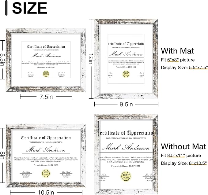 Vittanly 8.5x11 Picture Frames Set of 9, Shatter Resistant Plexiglass, Display 6x8 Pictures with Mat or 8.5x11 without Mat, Photo Frames for Wall or Tabletop, Engineered Wood, Distressed White