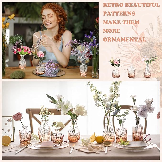 20 Pcs Glass Bud Vase Set Small Vintage Flower Vase in Bulk for Centerpieces Rustic Decorative Glass for Wedding Table Home Christmas Decoration (Pink Orange)