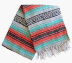 Del Mex Classic Mexican Blanket, Large Authentic Woven Falsa Throw (70"x50"), Artisan Southwest Décor for Beach, Yoga, Outdoors (Mint/Orange/Gray)