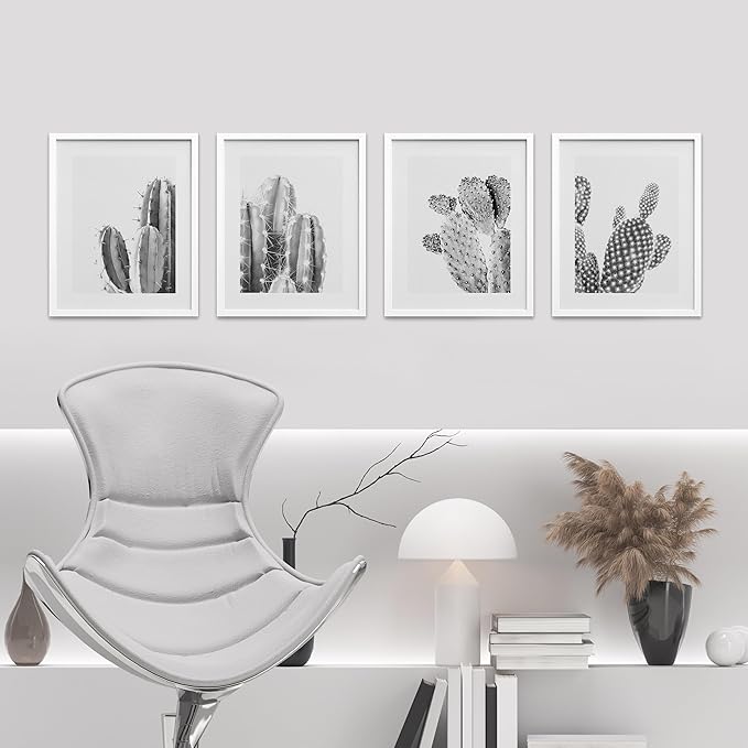 SIGNWIN Framed Black & White Saguaro Southwest Desert Tropical Cactus Wall Art, Set of 4 Floral Botanical Wall Decor Prints, Nature Wilderness Wall Décor for Living Room, Bedroom - 12"x16" White