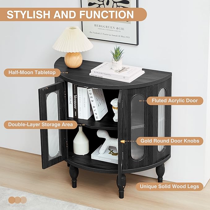 31'' Sideboard Buffer Cabinet with Storage, Semi-Circle Modern Accent Storage Cabinet with Wooden Finish & Acrylic Doors, Console Table for Living Room Entryway Hallway (Black)