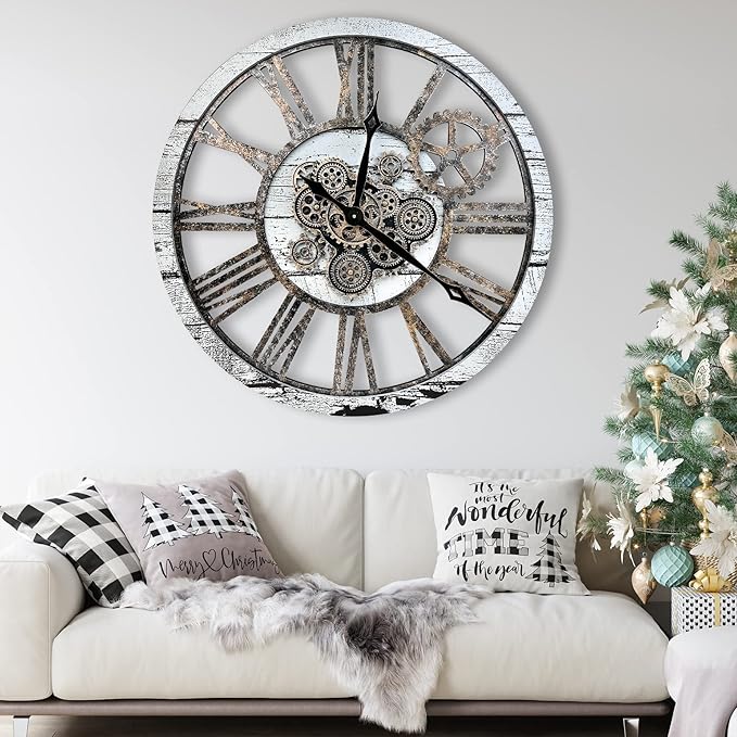 The B-Style Large Real Moving Gears Wall Clock 30 inch Rustic Retro Industrial Farmhouse Wood Clock Oversized Decorative Vintage Wall Clocks for Living Room (Silver Gray)