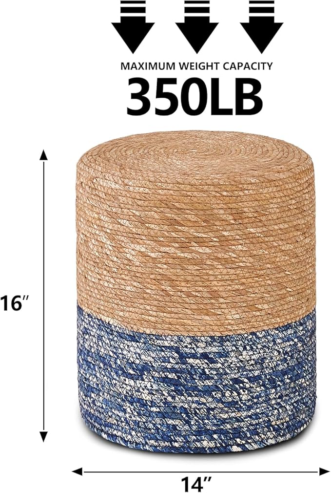 Wimarsbon Natural Seagrass Foot Stool, Hand Weaving Round Ottoman, for Living Room, Outdoor Seat (Natural & Blue)