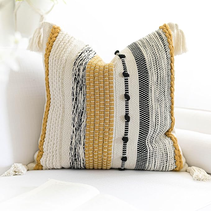 BlissBlush Fall Yellow Mustard Decorative Throw Pillow Cover 18x18 Square Boho Accent Pillowcase Tassels Farmhouse Cushion for Couch Sofa Bedroom Living Room Home Décor Cover ONLY