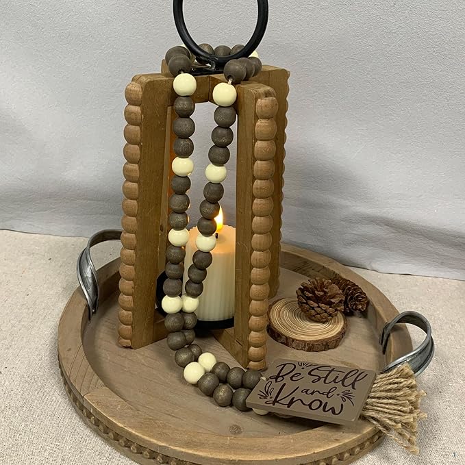 40" Handmade Farmhouse Bead Garland Wood with Tassel, Boho Chic Decorative String Beads Home Decor, Table Tiered Tray Country Wooden Accents (Serenity Natural: Be Still and Know, 0.63" Diameter)