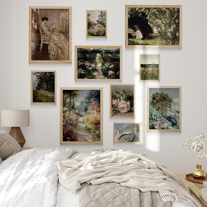 Cottagecore Decor Natural Oak Framed Pictures, 10 pcs of Vintage Wall Art Decor, Vintage Wall Decor Aesthetic Landscape Prints for Room Decoration