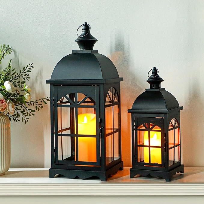 TRIROCKS Set of 2 Decorative Vintage Candle Lanterns 14.5"&20" H Farmhouse Outdoor Hanging Lanterns with Tempered Glass for Porch, Balcony, Patio, Home, Centerpieces, Indoor, Outdoor(Black)