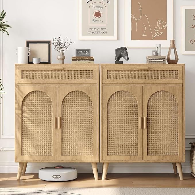 Irontar Rattan Storage Cabinet Set of 2, Buffet Sideboard with Storage, Coffee Bar with Drawer & Doors, Accent Floor Cabinet for Living Room, Dinning Room, Entryway, Natural