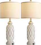 Farmhouse Table Lamps for Bedroom Set of 2, 28" Rustic Bedside Lamp with USB Ports, 3-Way Dimmable Nightstand Table Lamp for Living Room with Linen Drum Shade (Bulbs Included)