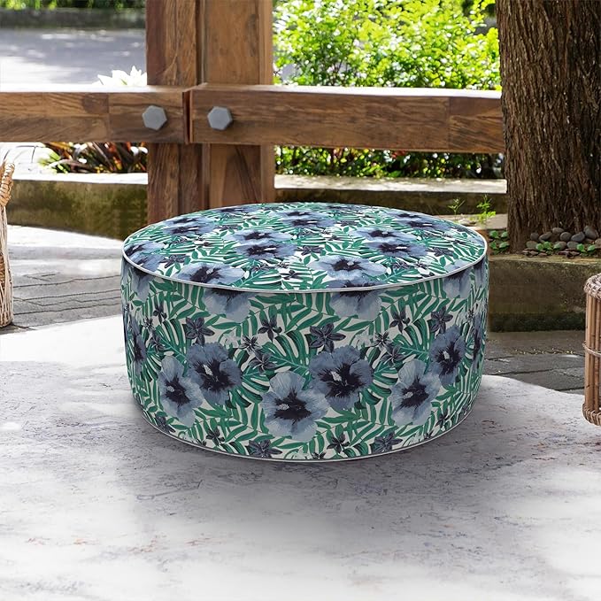 LVTXIII Indoor/Outdoor Inflatable Ottoman, D31 x H14 Inch Large Round Ottoman, All Weather Foot Rest Stool, Portable Footrest for Patio, Garden, Camping and Home - Blue Salmone Tropical