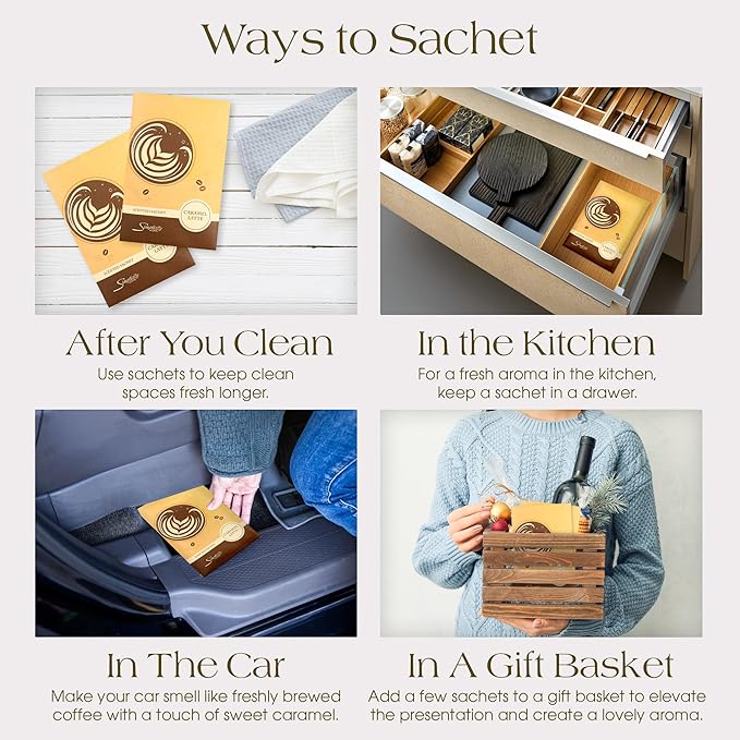 Floral Simplicity Caramel Latte Scented Sachets Pack of 6, Fall & Winter - Long-Lasting Scented Bags, Home Fragrance, Air Freshener & Deodorizer for Closet, Room, Drawer, or Cars, Made in The USA