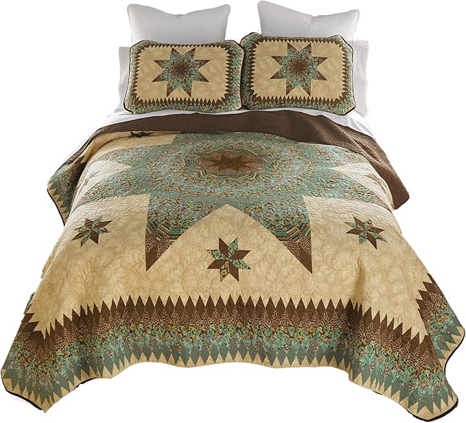 Donna Sharp Contemporary Polyester Quilt Set - Sea Breeze Star - 3-Piece Queen Size Quilt Set, Includes Quilt, and Two Standard Pillow Shams Perfect for Coastal and Souhtwest Decor