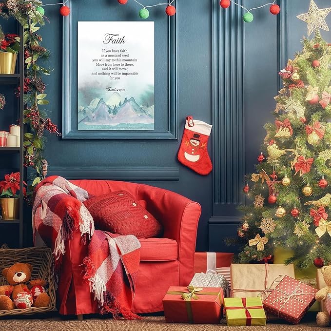 ART Christian Canvas Wall Decor Mountains Canvas Poster for Living Room Bedroom Decorations Modern Picture Poster Painting Home Décor, Bible Verse, Matthew 17:20 Faith