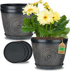 Quarut 12 Inch 4 Pack Large Plant Pots, Plastic Flower Pot for Indoor & Outdoor with Drainage Holes & Saucer, Circle Pattern Planters Garden Pots for Herbs