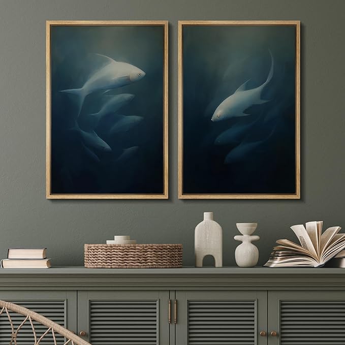 SIGNFORD Framed Canvas Print Wall Art Set Deep Sea Fish Serene Underwater Life in Dark Tones Illustration Modern Art Decorative Nordic Nature for Living Room, Bedroom, Office - 16"x24"x2 Natural