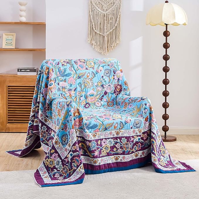 Fall Blanket for Bed, 100% Cotton Soft Rustic Boho Throw Blanket Quilt, 90"x98" Farmhouse Decor Bed Flower Blankets, Light Weight Reversible Bohemian Throw Quilt