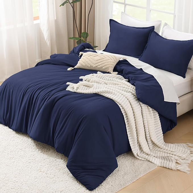 Litanika Navy Blue Comforter Set Queen Size, 3 Pieces Lightweight Solid Bedding Comforter Set, All Season Fluffy Down Alternative Bed Set (90x90In Comforter & 2 Pillowcases)