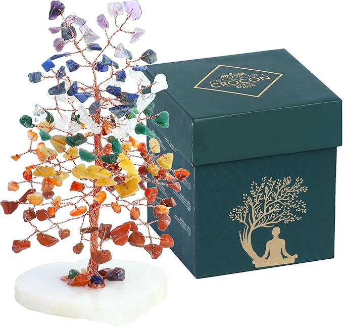 Crocon Crystal Heart Base Tree of Life Gifts for Women, Seven Chakra Healing Crystals Tree Brings Positive Energy, Good Luck, Money, Feng Shui Home & Office Desk Decor, for Dad Mom & Wife Present