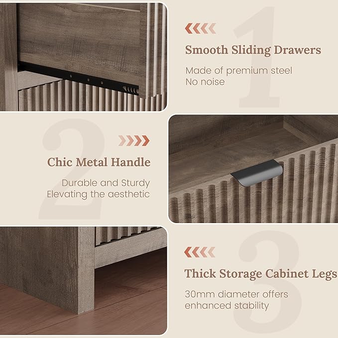 Fluted Sideboard Buffet Cabinet with Storage Drawers, 55" Large Accent Storage Cabinet with Doors and Adjustable Shelf, Modern Farmhouse Credenza for Entryway, Kitchen, Living Room - Gray