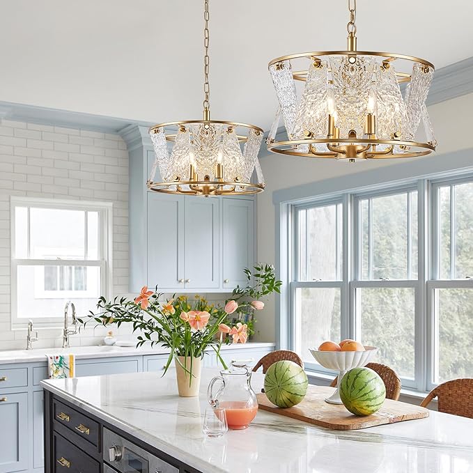 Modern Gold Round Chandelier 6 Light Drum Glass Chandelier Light Fixture18in Hammered Glass Chandelier for Dining Room Kitchen Entryway Bedroom Breakfast Nook