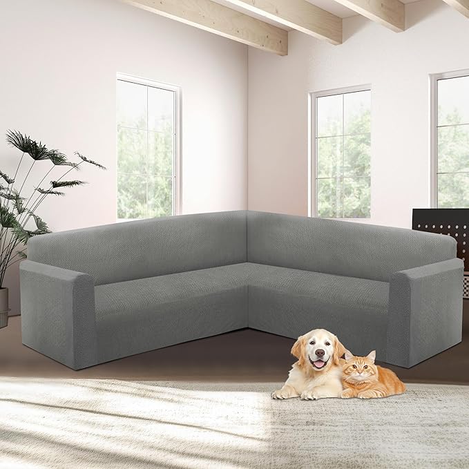 HDCAXKJ Sectional Couch Cover L Shape Stretch Sofa Covers Washable Jacquard Corner Couch Slipcover Non Slip Sectional Slip Cover U Shaped Furniture Protector for Pets Dogs (Light Grey, Medium)