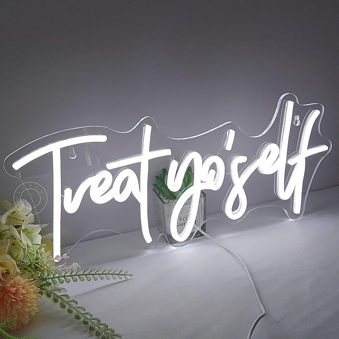 SYLHOME Treat Yourself Led Neon Light Sign Bedroom Kids Room Living Room Art Wall Decor Sign Home Family Birthday Wedding Party Light Up Sign USB 16.54" X 7.1" Cold White