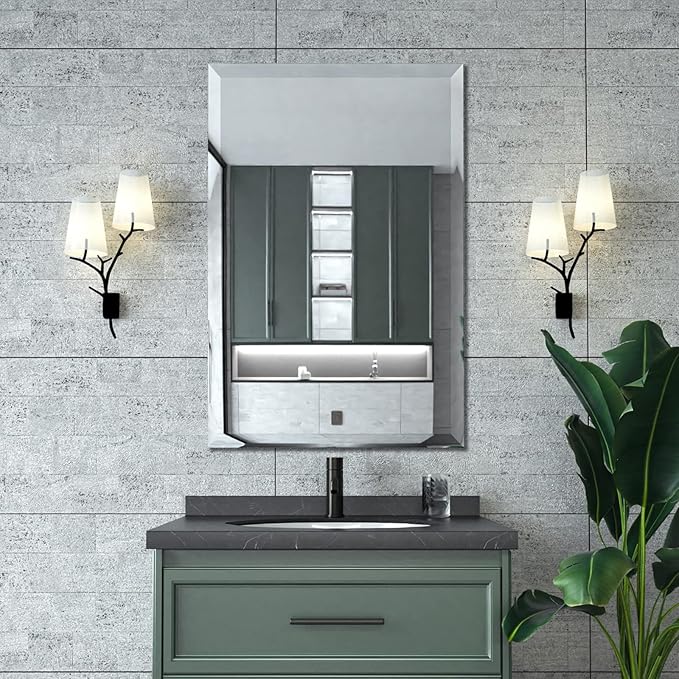 Mirrorons Beveled Mirror, Wall Mirror 24" x 36", Frameless Rectangle Bathroom Vanity Mirror with Beveled Edge, Hangs Horizontally or Vertically. Upgraded Shatterproof Mirror Bathroom