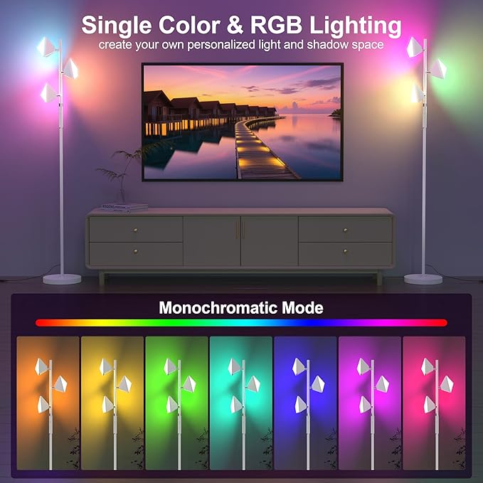 PARTPHONER RGB Tree Floor Lamp for Living Room, Stepless Dimmable Tall Standing Lamp with Remote, Touch Control and 3 Rotatable Light, Bright LED Lights for Bedroom with 4 Color-Changing, White