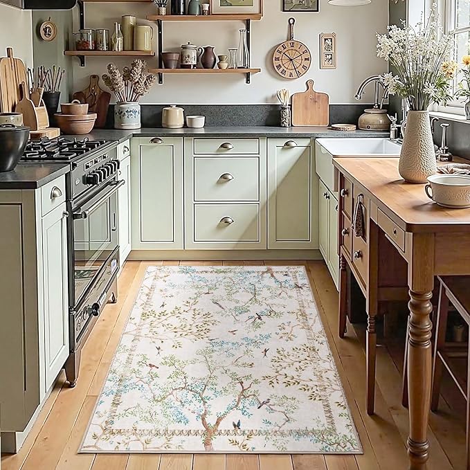 jinchan Botanical Birds 3x5 Ivory Area Rugs for Entryway Washable Non Slip Soft Nature Plants Modern Kids Room Carpet Vintage Ultra Thin Low Pile Rug for Living Room Kitchen Bathroom Front Door