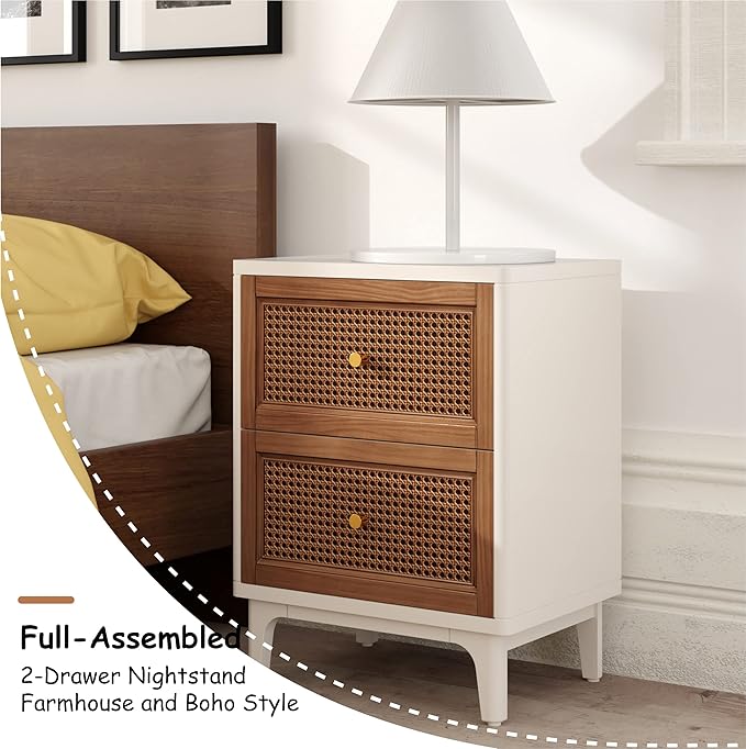 COZAYH Set of 2 Fully-Assembled 2-Drawer Woven Cane Front Accent Nightstand with Brass Knobs, Distressed White