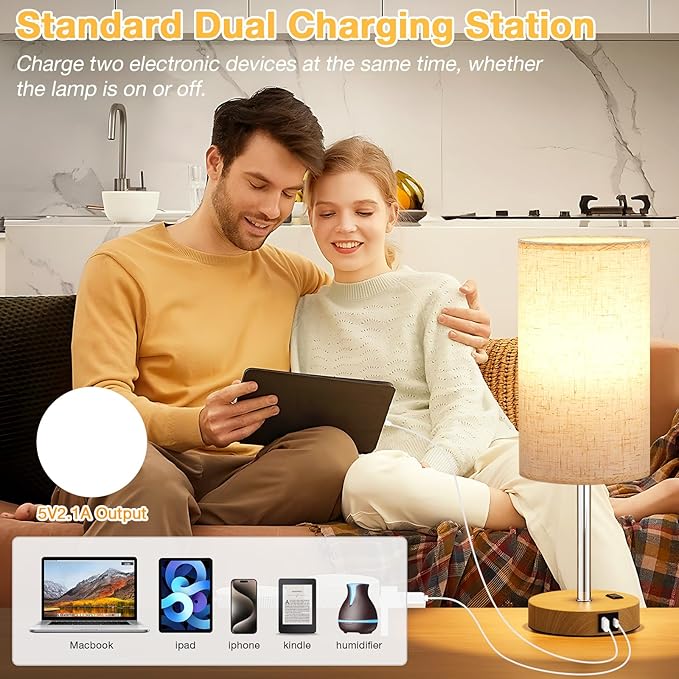 Touch Bedside Table Lamp with USB - 3 Way Dimmable Wood Lamp for Bedroom Nightstand, Desk Lamp with Charging Station for Dorm, Office, Kids Room, Living Room