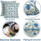 Ridhi Queen Blue Block Print Preppy Grandmillennial Pillow Cover Set of 2-20" x 20" Throw Pillow for Home White Floral Pillow Cover Grandmillennial Home Decor Thanksgiving