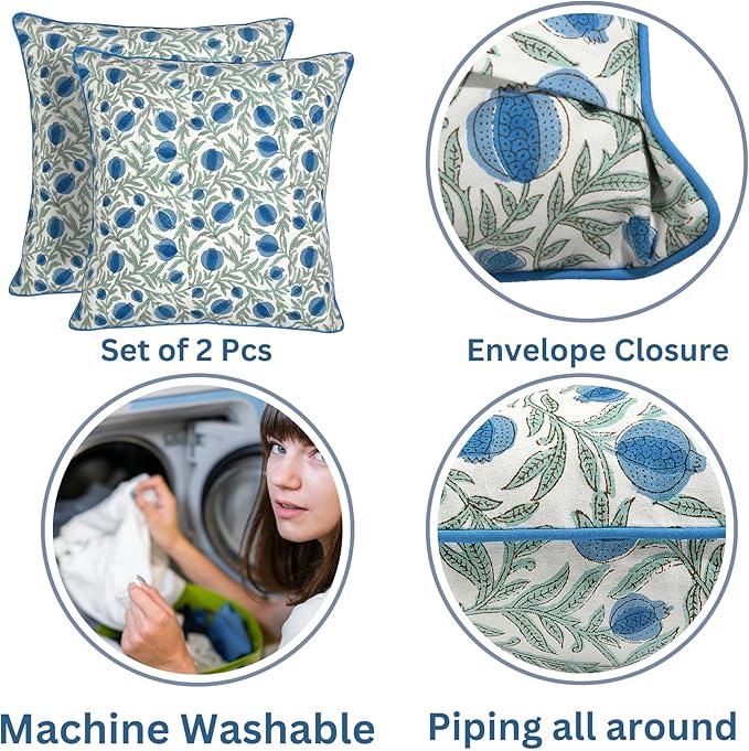 Ridhi Queen Blue Block Print Preppy Grandmillennial Pillow Cover Set of 2-18" x 18" Throw Pillow for Home White Floral Pillow Cover Grandmillennial Home Decor Thanksgiving