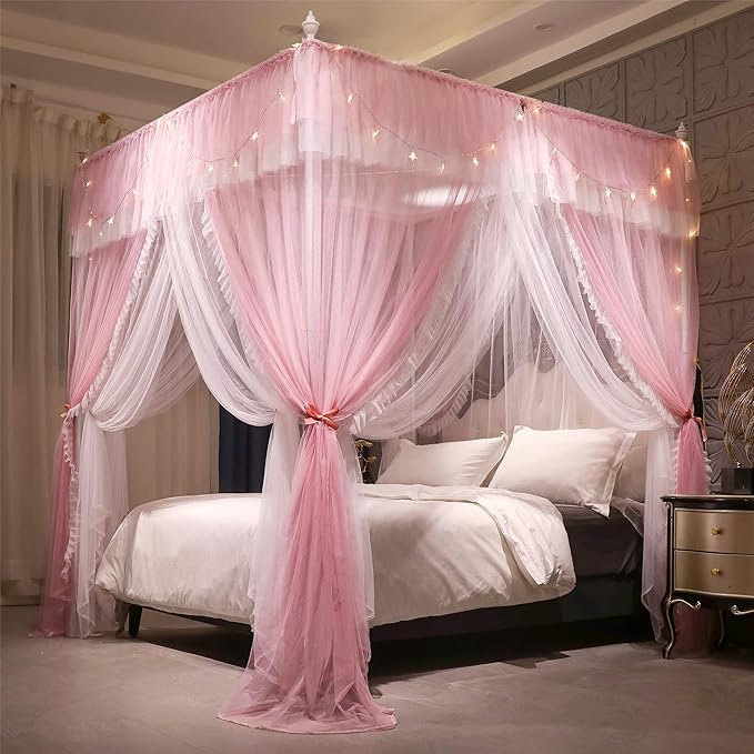 VETHIN 4 Corners Post Ruffle Princess Bed Canopy Curtain-Double Layer Cozy Drape Netting 4 Opening Mosquito Net for Girls Adults Bedroom Decoration (Pink/Whtie,59" W*82" L*82"*H/Queen)